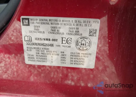 2017 Chevrolet Silverado 1500 1Lt из США, поврежденный, VIN 3GCUKRER6HG260496